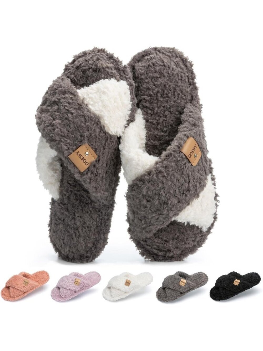 Women's Grey White Cross Band Indoor and Outdoor Fuzzy Open Toe Slipper Shoes